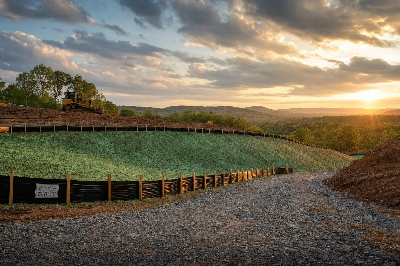 A construction-site slope stabilized with silt fence and freshly hydroseeded grass at golden hour in rural Arkansas