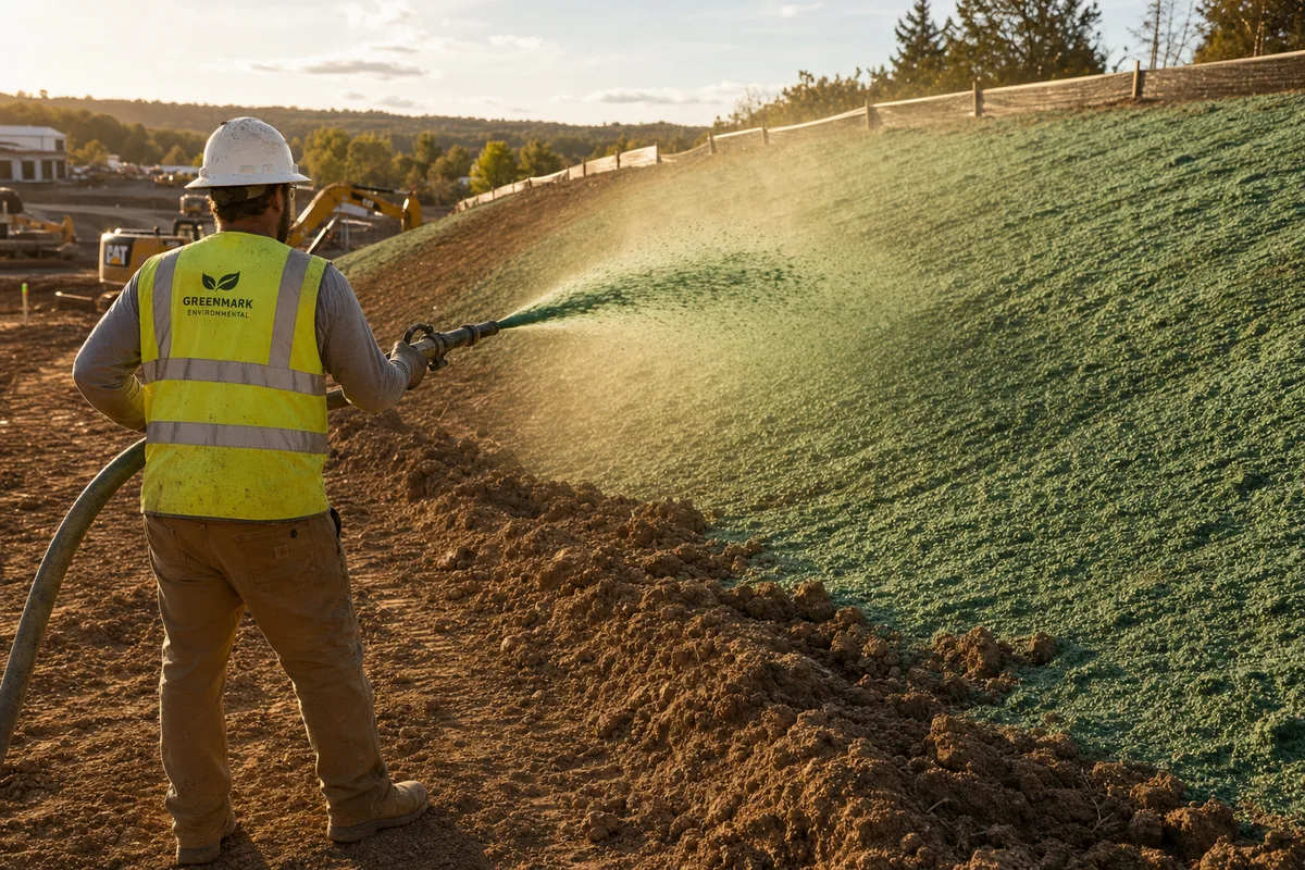 Crew member hydroseeding a freshly graded slope