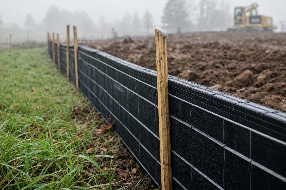 Newly installed wire-backed silt fence separating disturbed soil from natural grass on a construction site